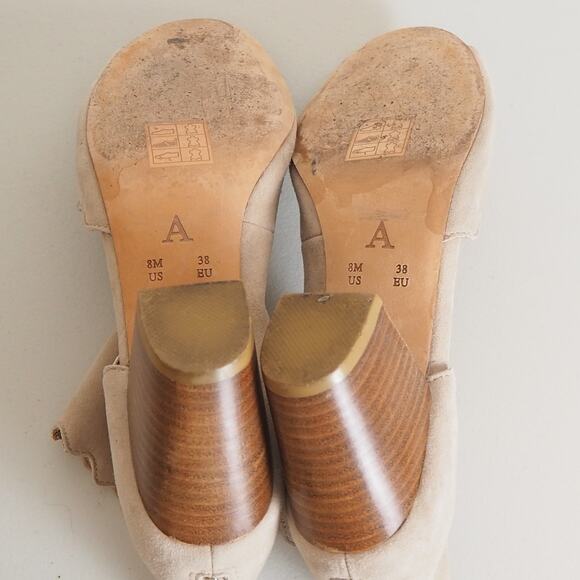 Anthropologie Block Heel Peep Toe Scalloped Shoes Women's Size 8M Tan Suede - Picture 9 of 11